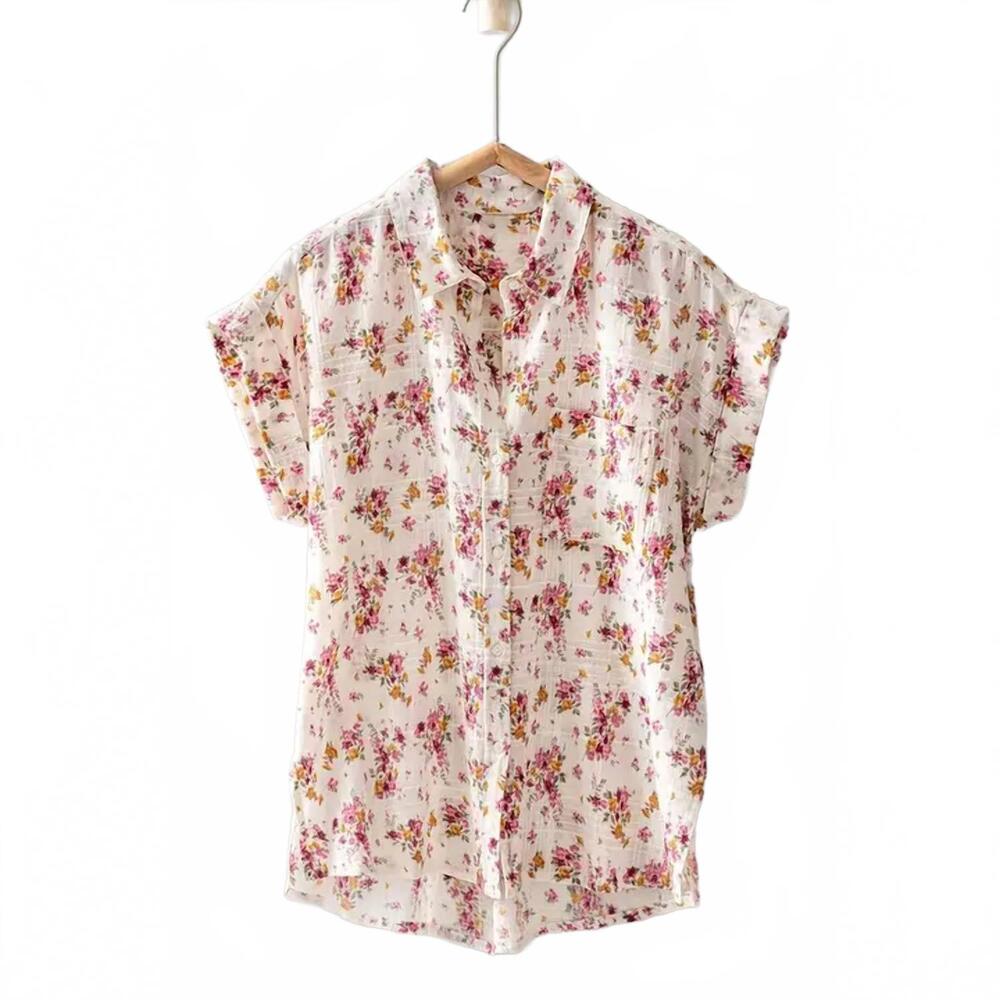 NEW URBAN DAIZY women's romantic floral button up cuffed sleeve shirt tops in pi